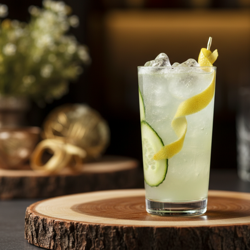 Cucumber Collins Cocktail with lemon and cucumber garnish on a wooden coaster with a blurred background
