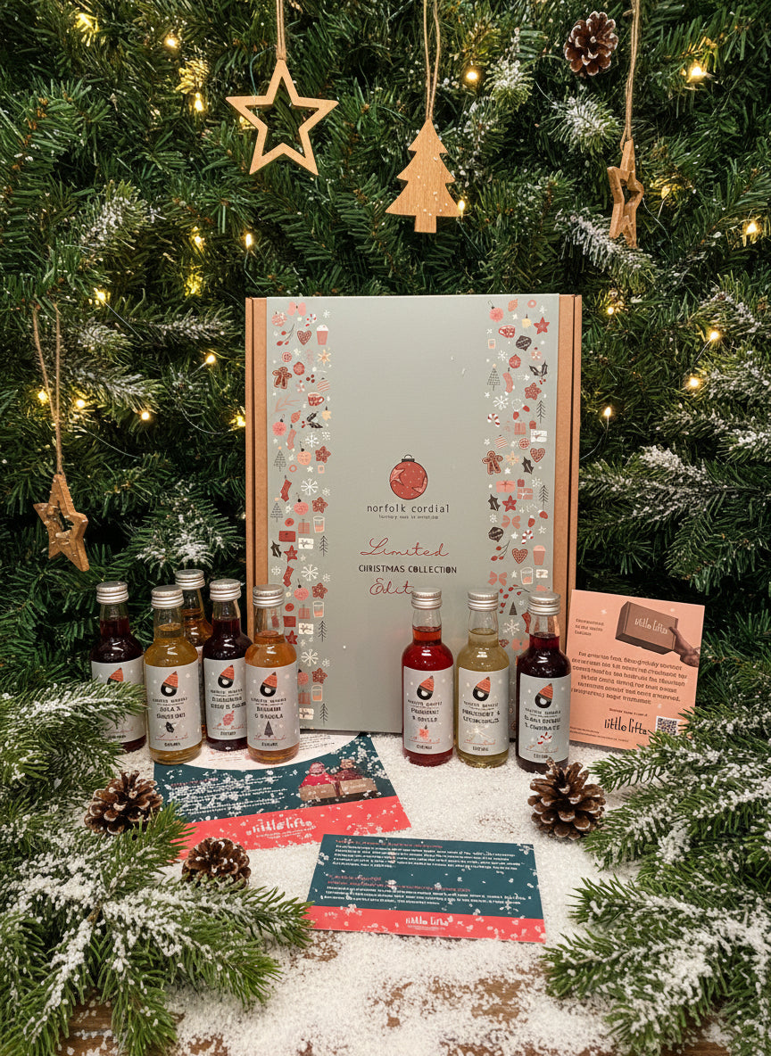 gift box with miniature cordials in foreground