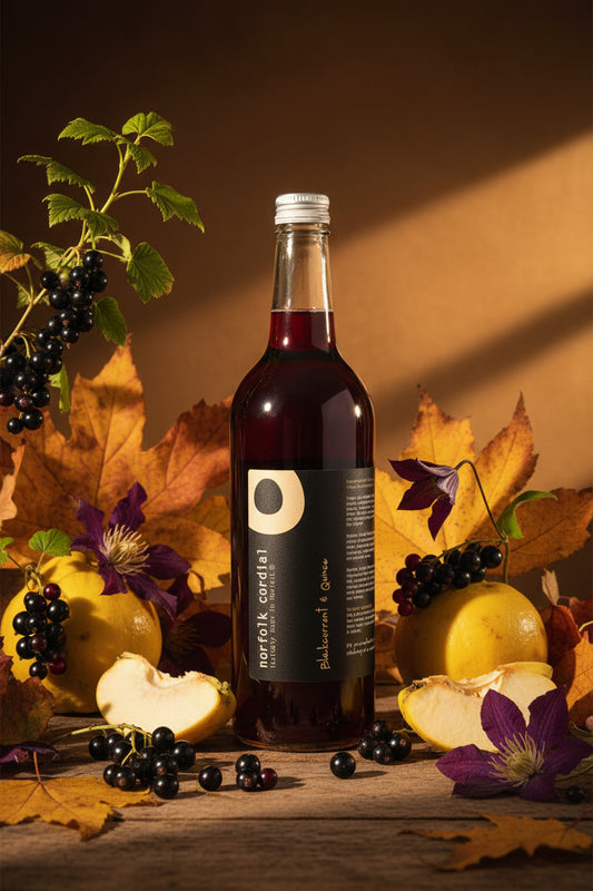 750ml glass bottle containing blackcurrant & quince cordial