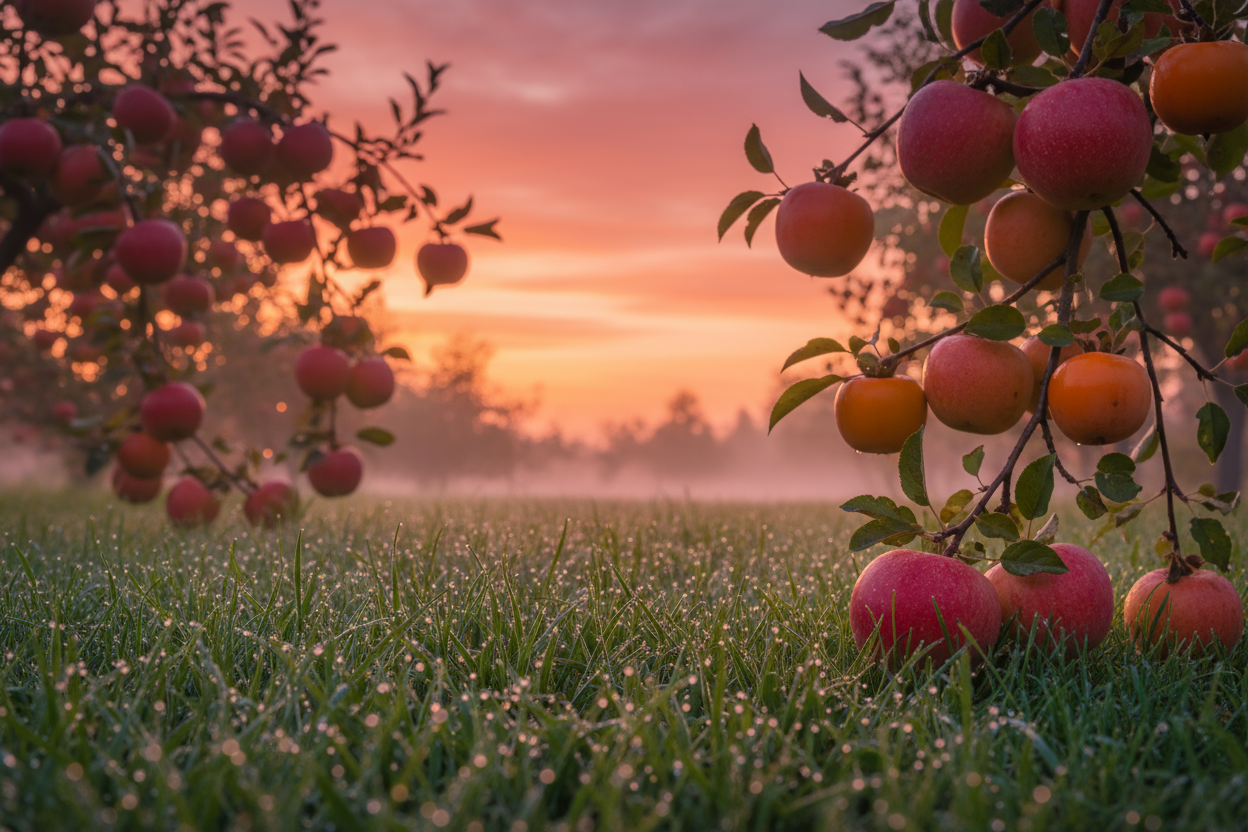 Fresh dew drops cling to the grass and shimmer like little pink pearls in the early morning autumn sun. A warm and rich palette of oranges, pinks and reds paints the cloudless sky. The orchard fruits, perfectly ripe, hang heavily on the branches.