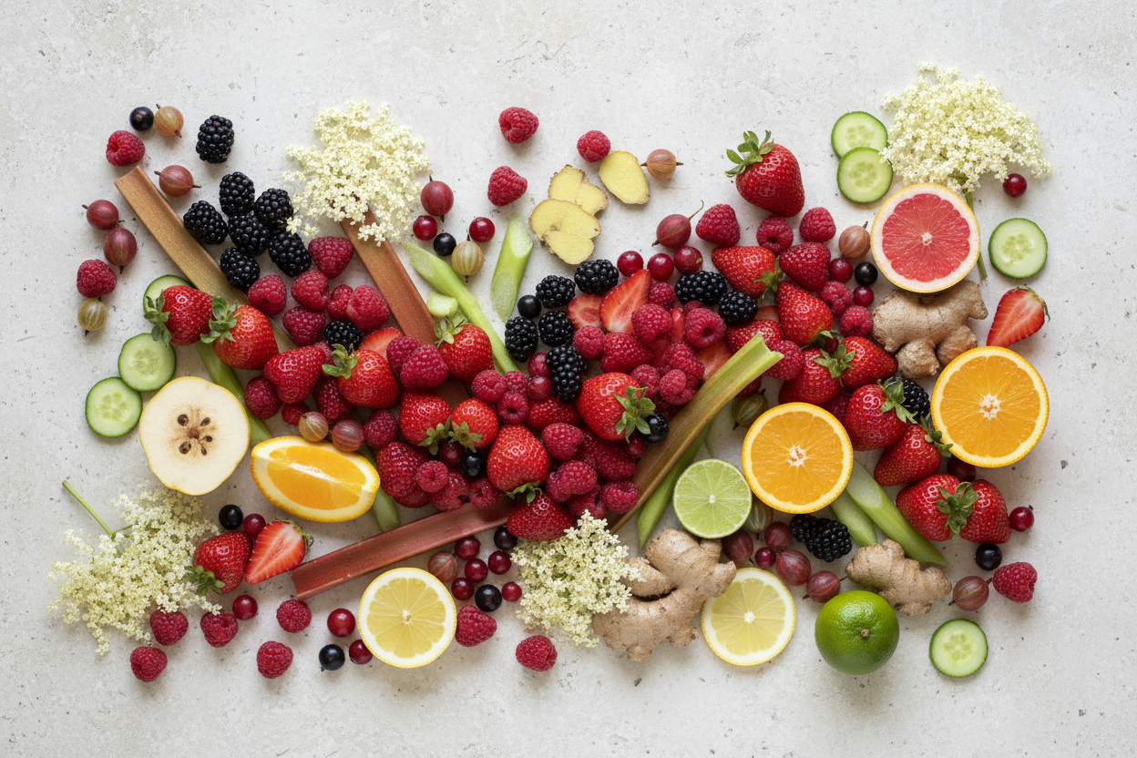 photo from above of an artistic scattering of the following fresh fruits and flowers (in descending order of volume): strawberries, raspberries, blackberries, blackcurrants, red gooseberries, rhubarb, elderflowers, quinces, lemons, limes, oranges, ginger root, grapefruit and cucumber