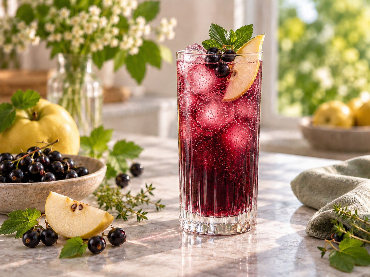 Blackcurrant & Quince Orchard Tonic mocktail with blackcurrants, quince, herbs and ice