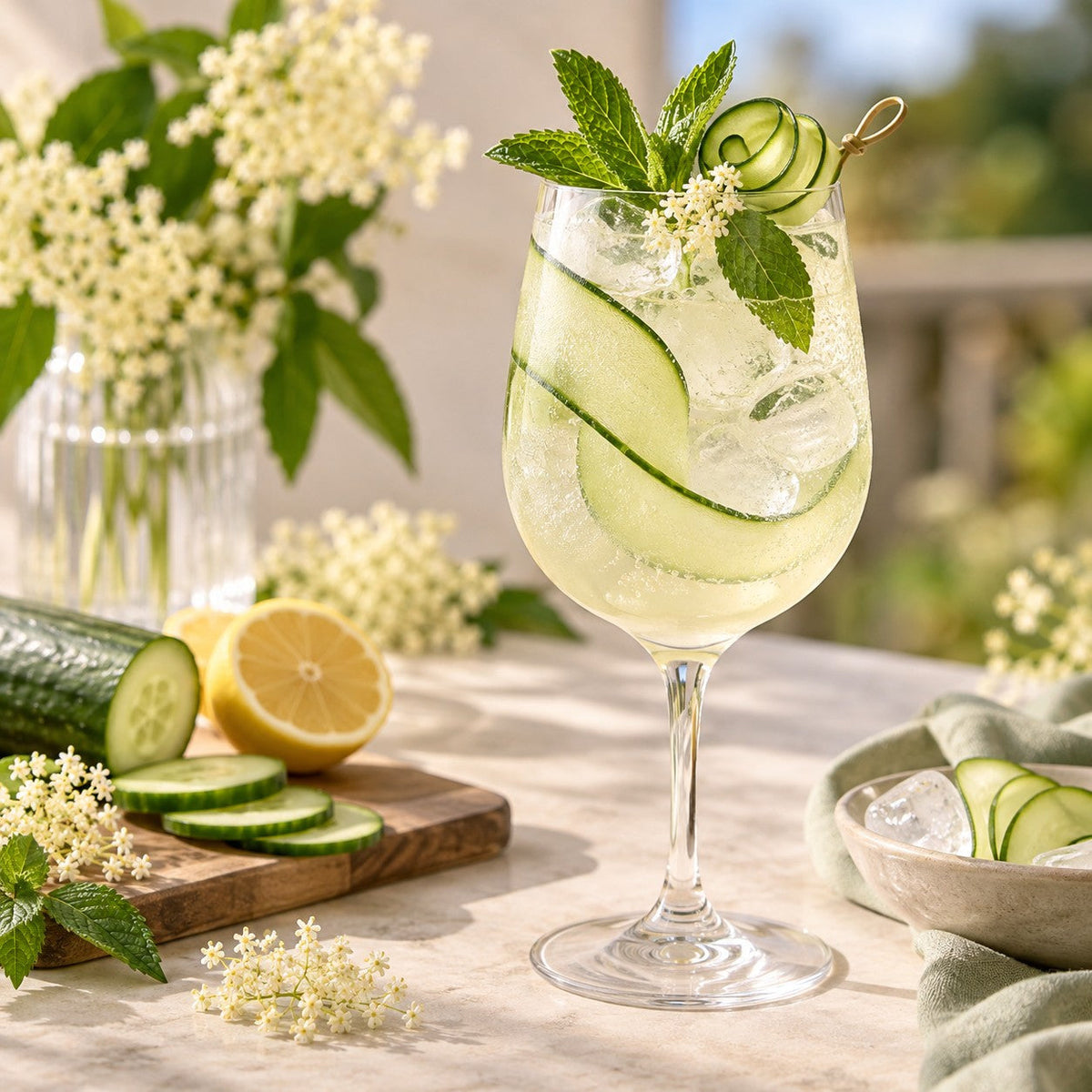 Elderflower & Cucumber Garden Fizz mocktail with cucumber ribbons, mint, elderflowers and ice