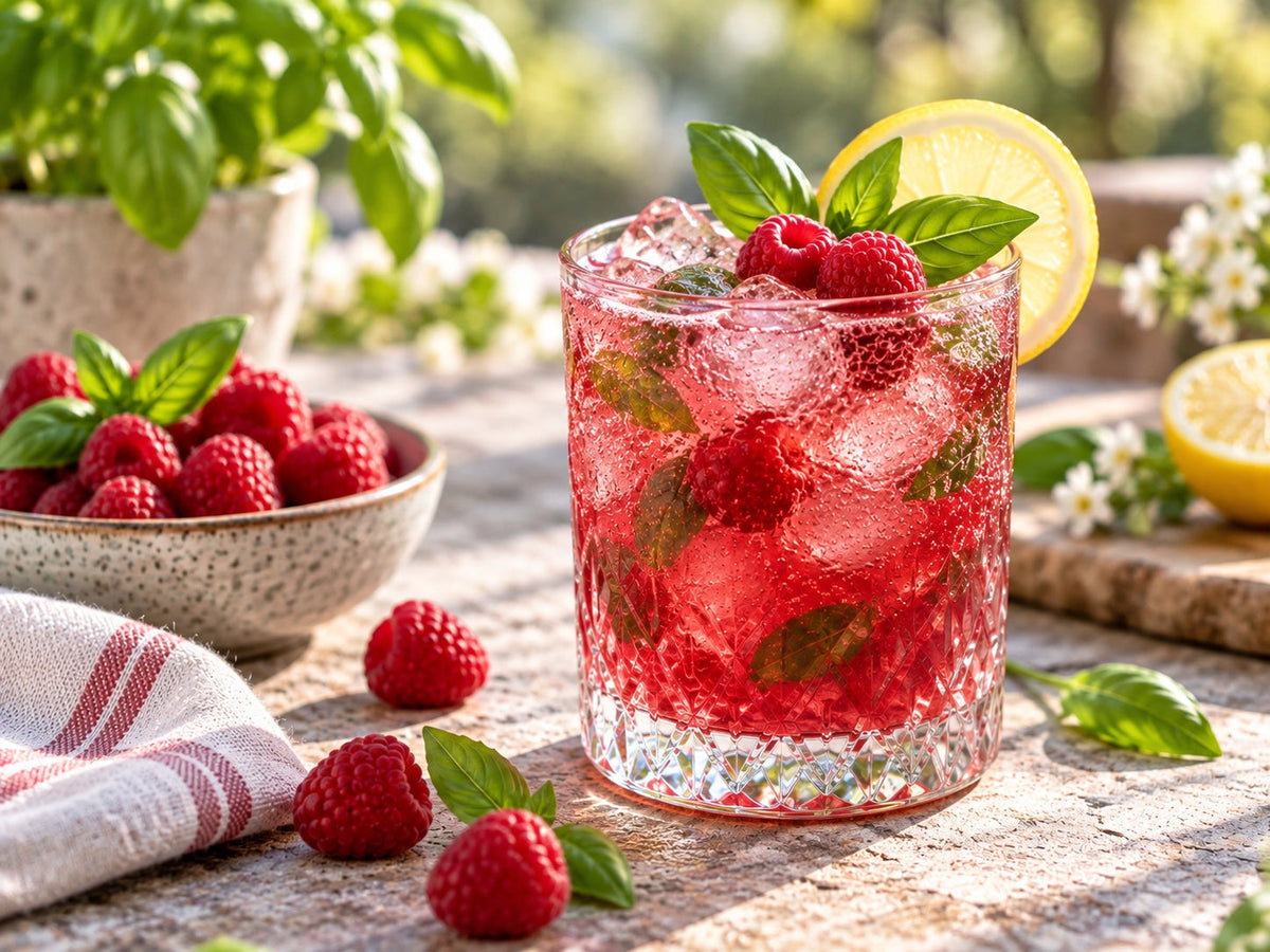Raspberry & Basil Summer Smash mocktail with fresh raspberries, basil, lemon and ice