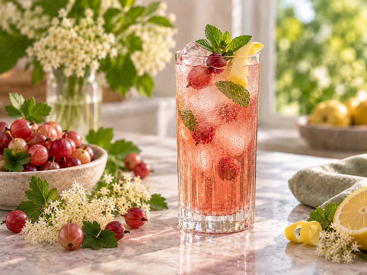 Red Gooseberry & Elderflower Summer Highball mocktail with gooseberries, elderflower, lemon, mint and ice