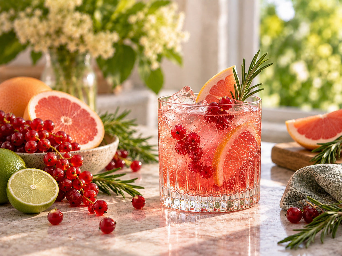 Redcurrant & Grapefruit Pink Paloma mocktail with redcurrants, grapefruit, lime, rosemary and ice