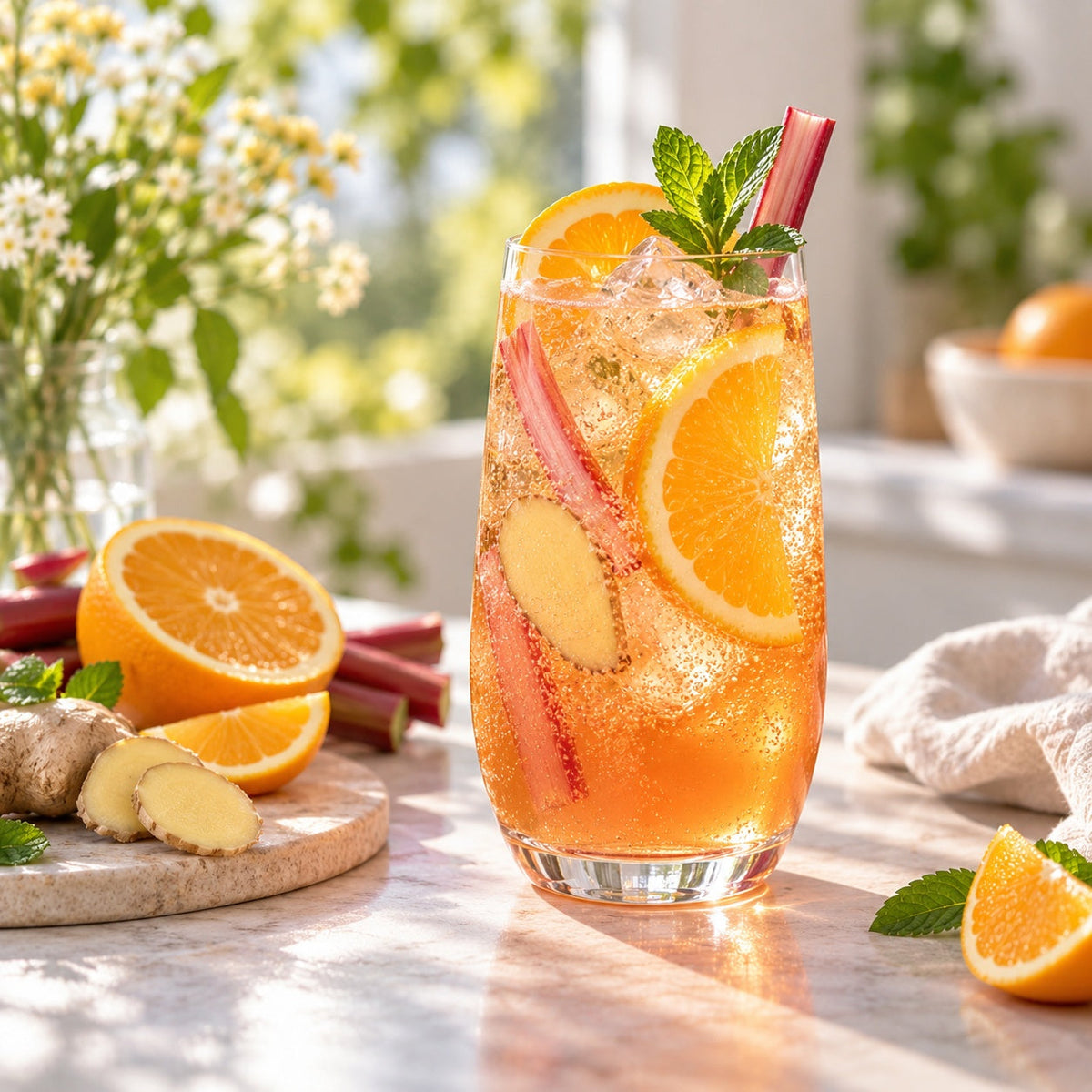 Rhubarb, Orange & Ginger Sunset Cooler mocktail with orange, fresh ginger, rhubarb and ice