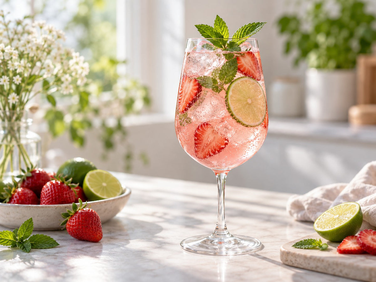 Strawberry & Lime Garden Spritz mocktail with fresh strawberries, lime, mint and ice