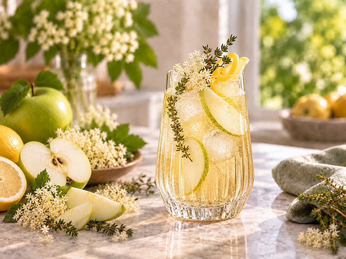 Wild Elderflower & Apple Pressé mocktail with green apple, elderflower, lemon, thyme and ice