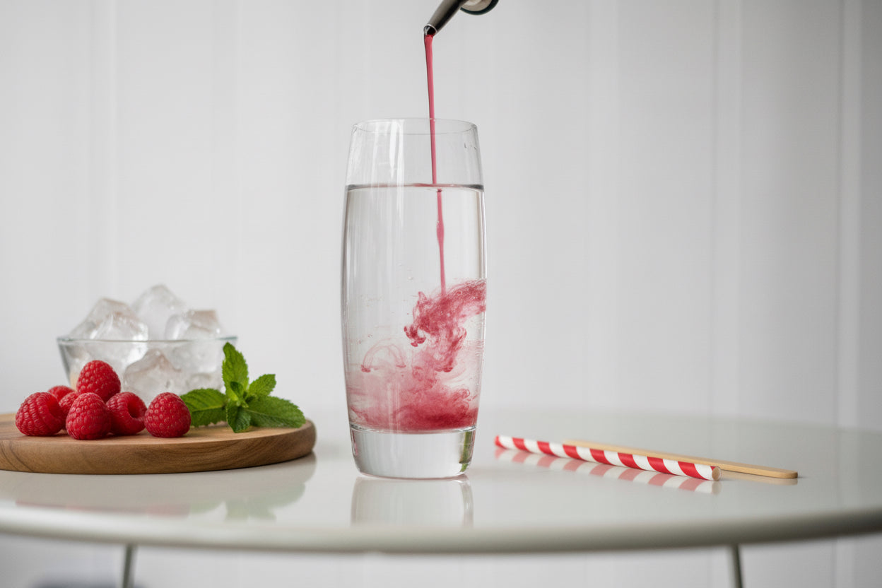 Red liquid being poured into a clear glass on a white surface