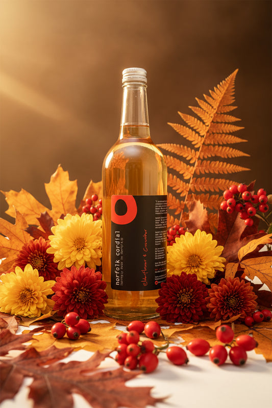 750ml glass Bottle of Norfolk Cordial on a white background