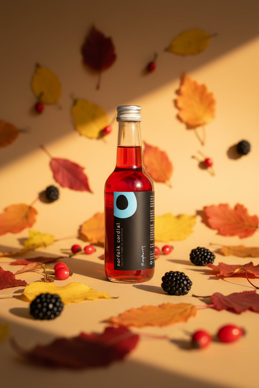 250ml glass bottle filled with raspberry norfolk cordial