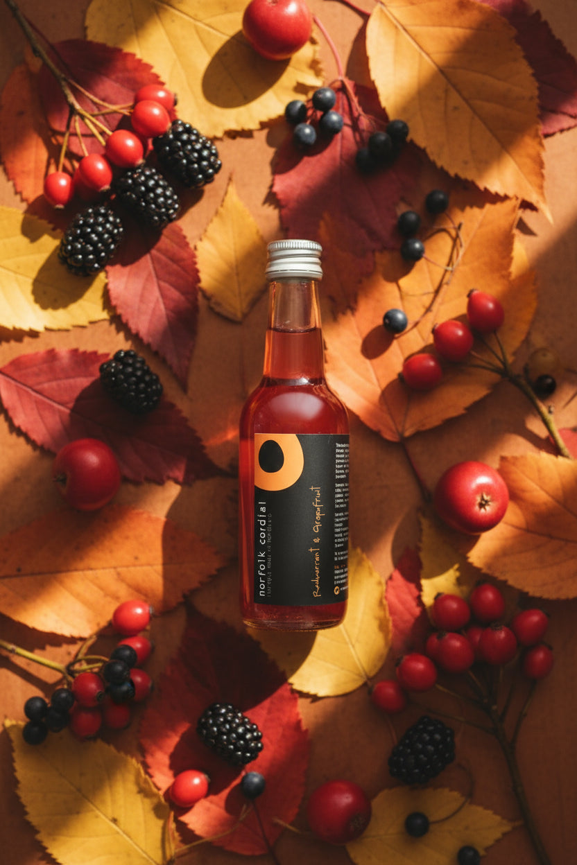 250ml glass bottle filled with redcurrant & grapefruit norfolk cordial