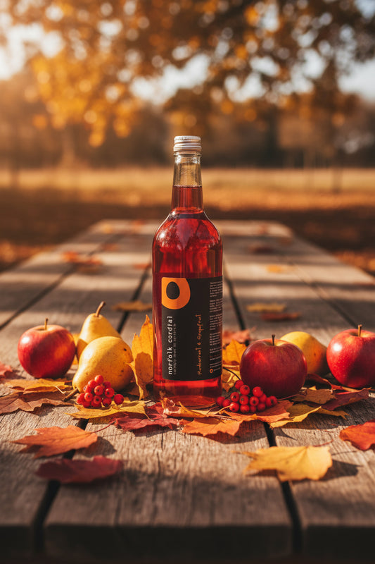 750ml glass bottle filled with redcurrant & grapefruit norfolk cordial