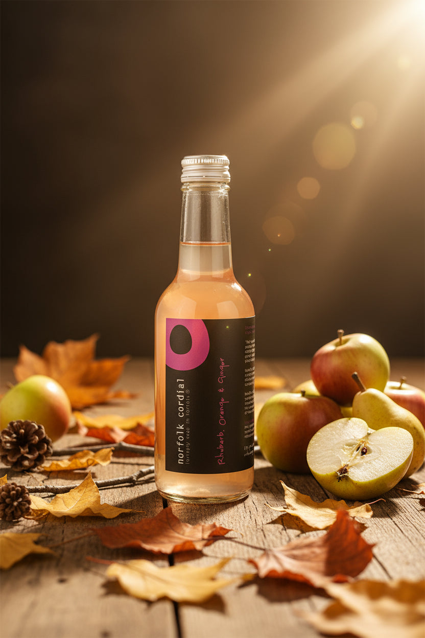 250ml glass bottle containing rhubarb orange & ginger norfolk cordial