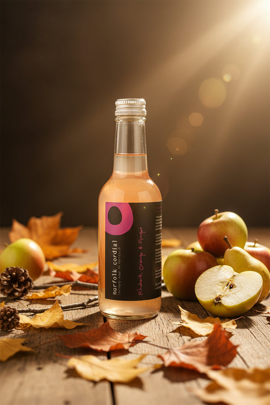 250ml glass bottle containing rhubarb orange & ginger norfolk cordial