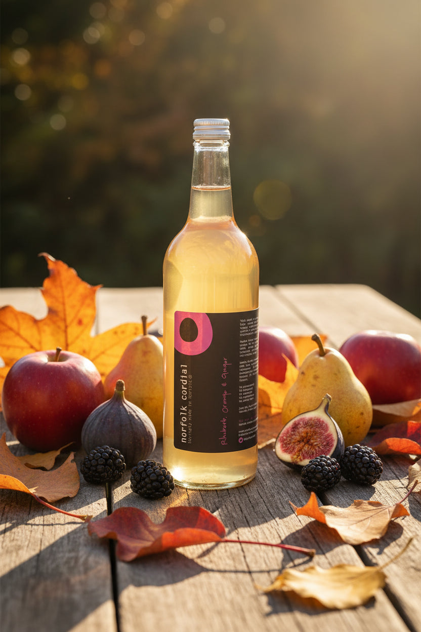 750ml glass bottle containing rhubarb orange and ginger norfolk cordial