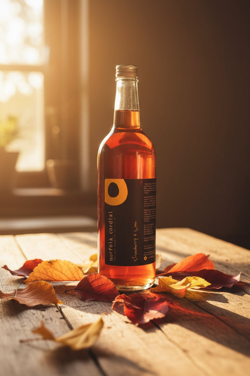 750ml glass bottle of strawberry & lime Norfolk Cordial