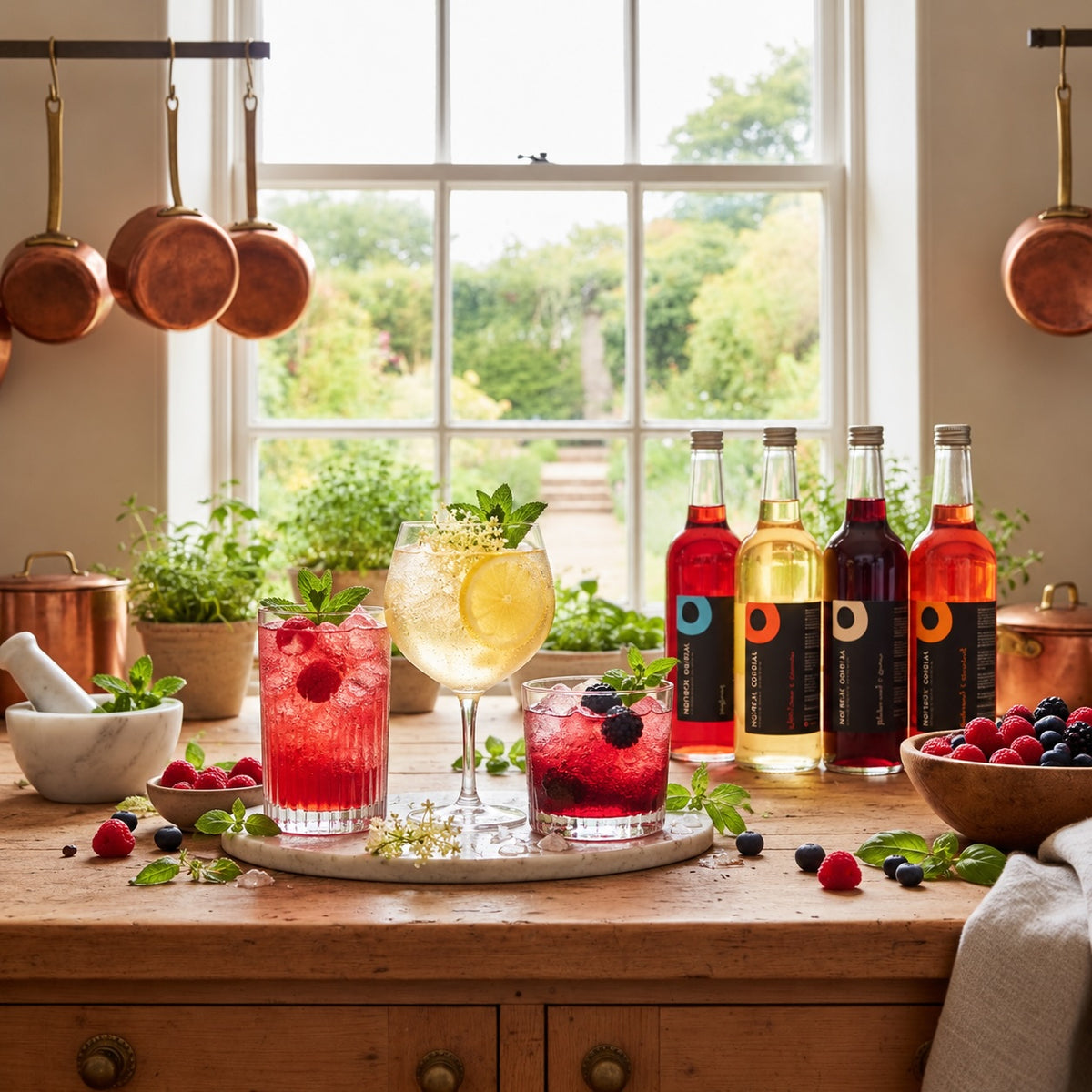 Three Norfolk Cordial drinks served on a wooden table with a selection of cordial bottles, fresh berries and herbs in a bright sunlit country kitchen.