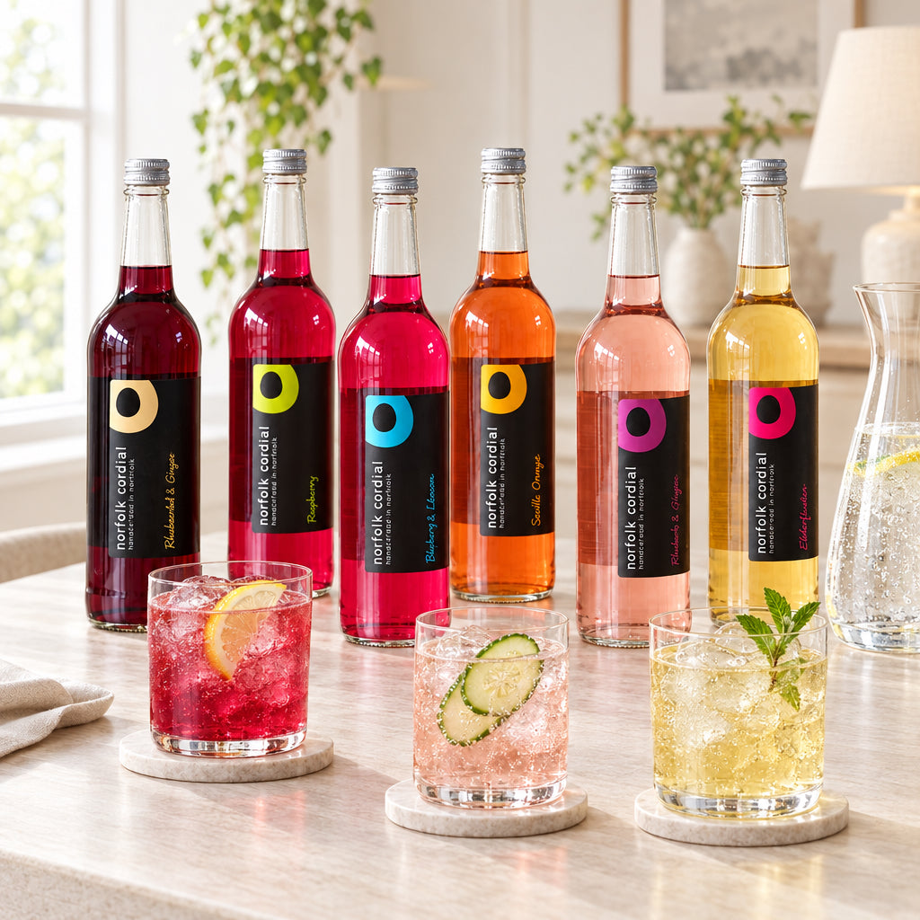 Six 750ml Norfolk Cordial bottles with three colourful cordial drinks, ice and garnishes in a bright contemporary interior.