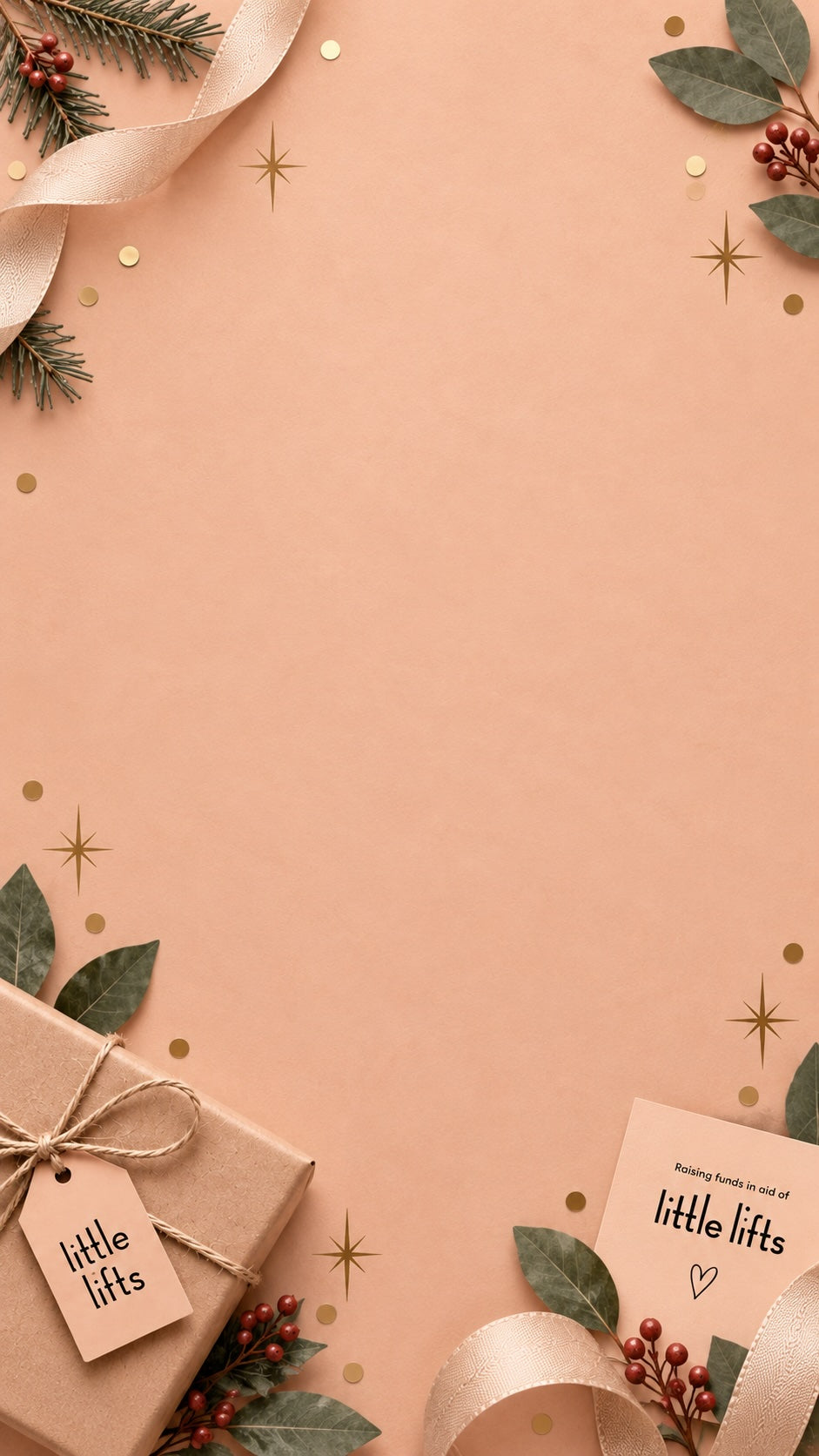 Festive LittleLifts charity gift backdrop with wrapped gift, ribbon and branded tags on a blush background for Norfolk Cordial’s corporate Christmas gifts page.