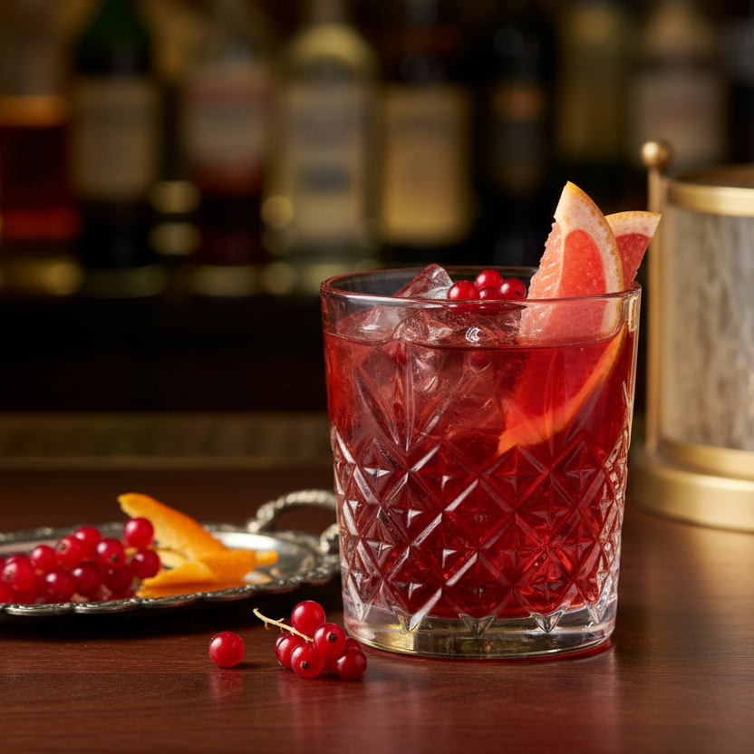Negroni cocktail with red berries and a slice of grapefruit in a glass on a bar counter.