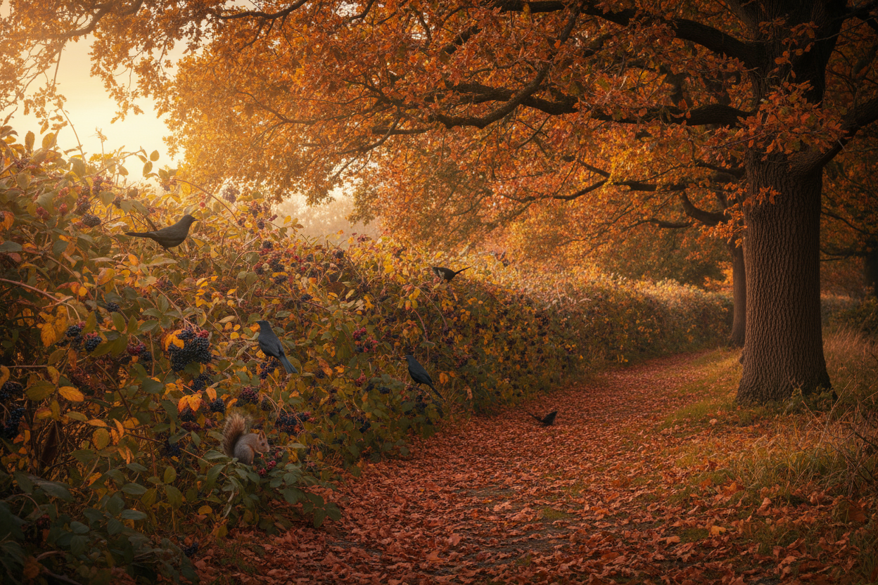A cooling, autumnal afternoon. The sun still offers a mellow warmth, inducing the rich, sweet perfumes of hedgerow fruits to linger until dusk. Blackbirds and squirrels rush about, harvesting blackberries, elderberries and acorns in preparation for the approaching winter. Leaves overhead are bronzing by the day, some already fallen, crunching underfoot.