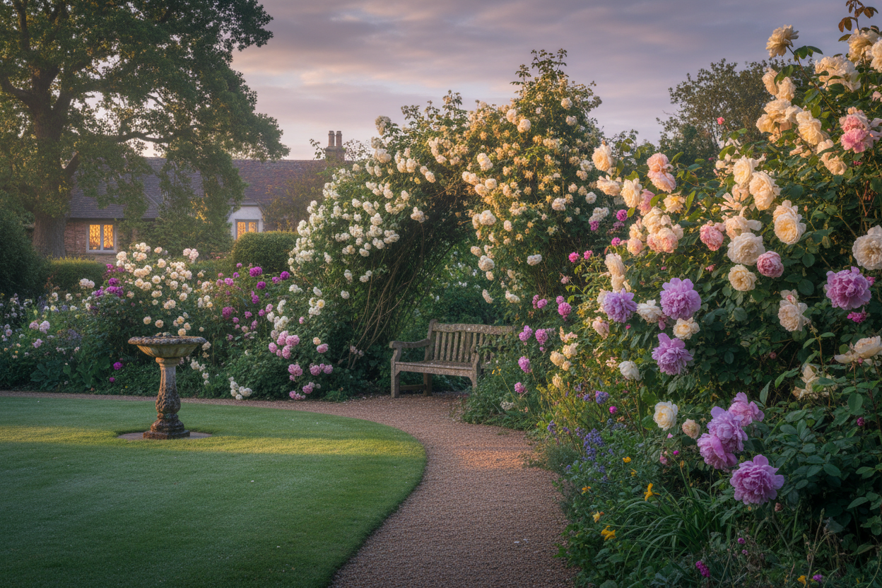 A still, tranquil evening; the slightest hint of shorter, cooler days approaching. Floral blooms of honeysuckle, rose and peony rise majestically from the quintessential British garden
