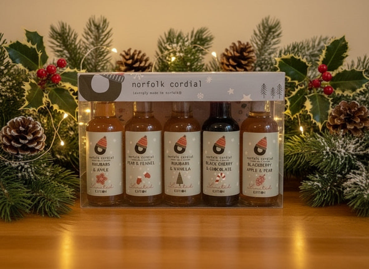 gift pack holding 5 x 50ml festive cordial bottles