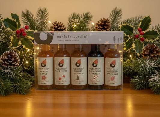 gift pack holding 5 x 50ml festive cordial bottles