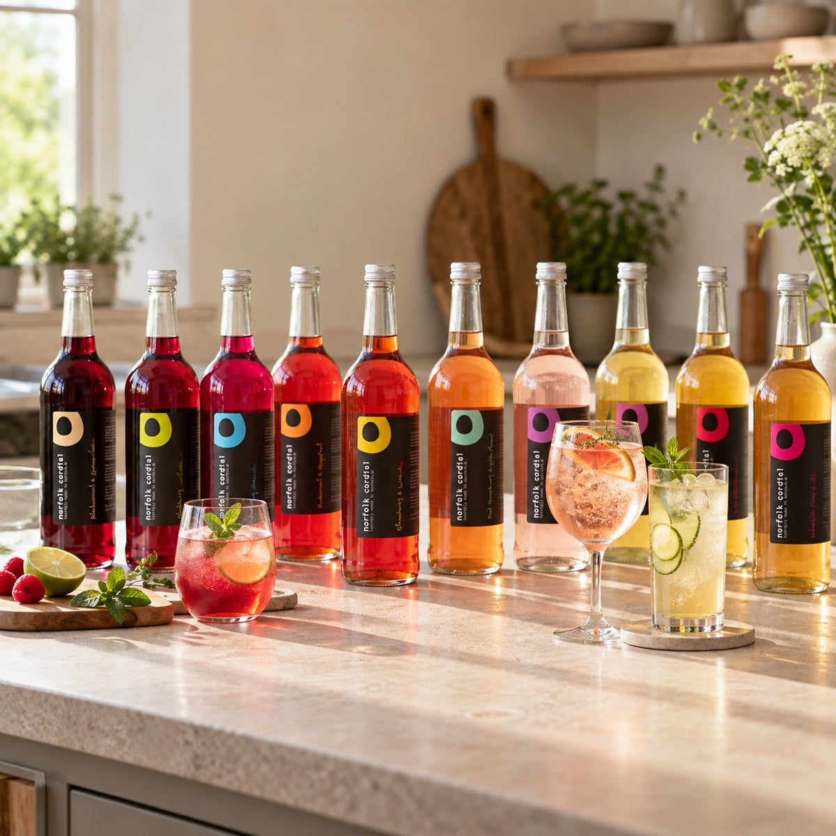 Nine 750ml Norfolk Cordial bottles in assorted flavours displayed on a sunlit kitchen worktop with three prepared cordial drinks, fresh fruit and herbs.