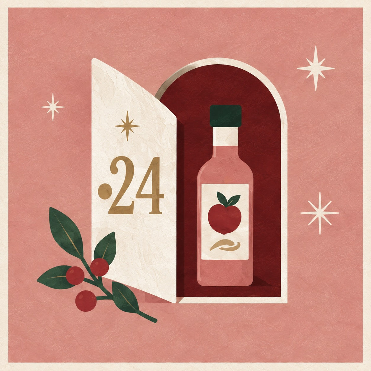 Illustration of an advent calendar door opening to reveal a bottle of Norfolk Cordial, representing 24 flavours to discover.
