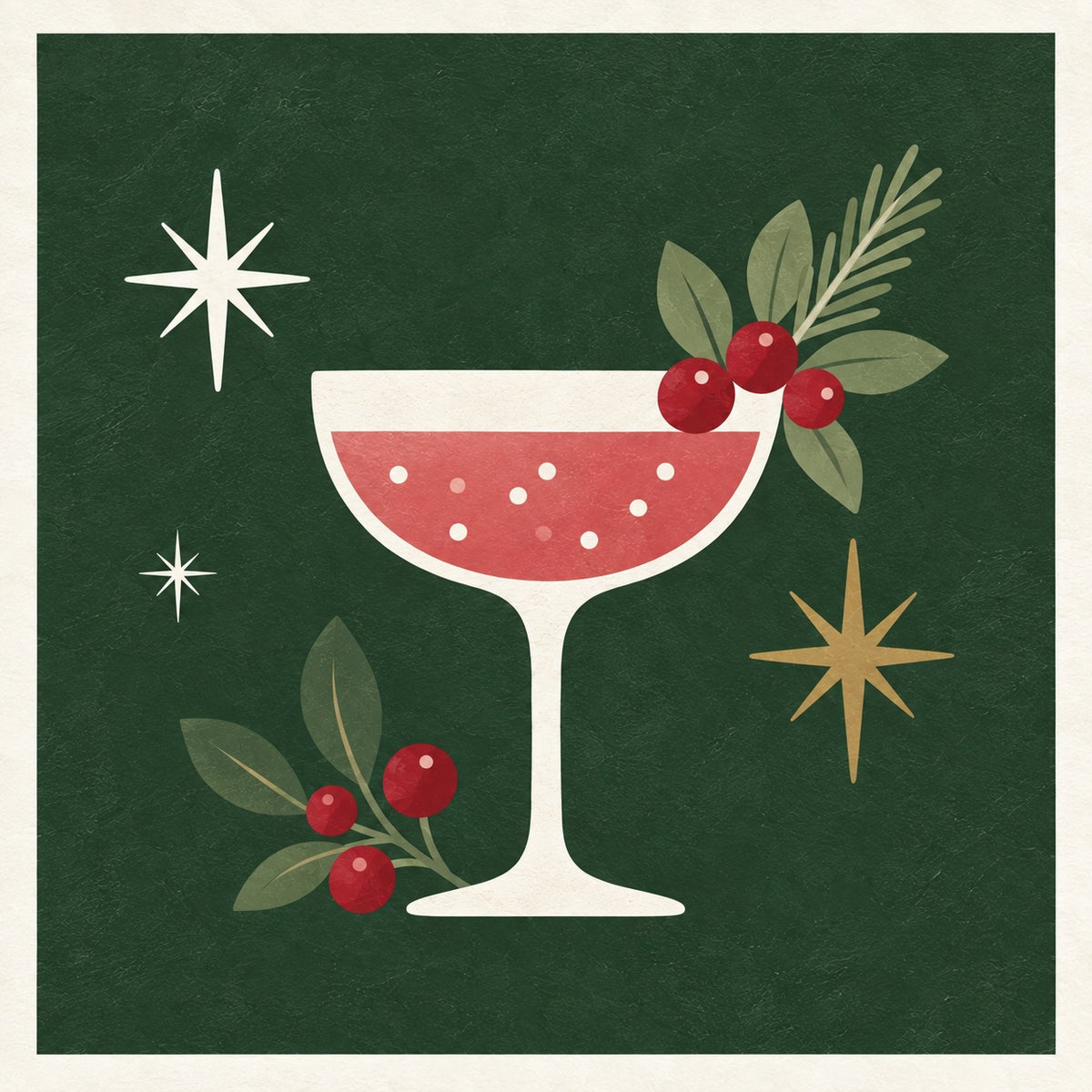 Illustration of a festive alcohol-free drink with winter berries, representing a thoughtful Norfolk Cordial Christmas gift.
