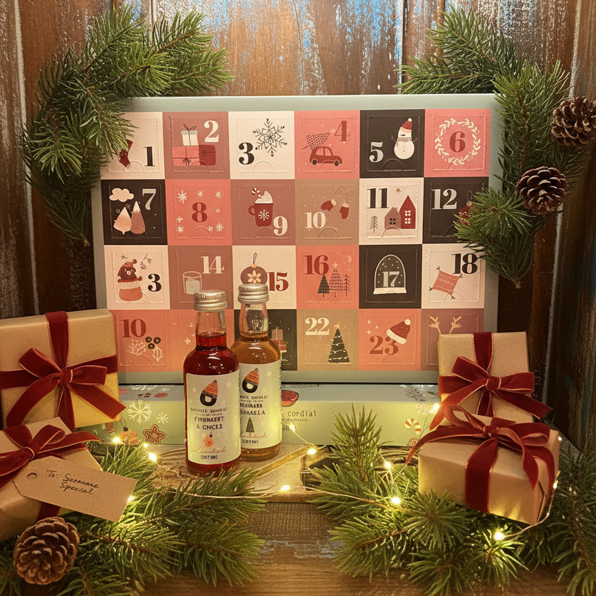 Norfolk Cordial 24-flavour Christmas advent calendar displayed open with individual mini cordial bottles, wrapped presents and festive decorations.