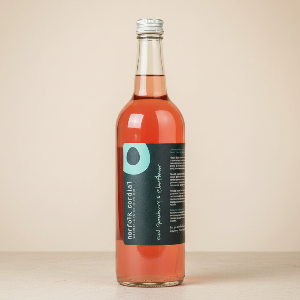 Norfolk Cordial Red Gooseberry & Elderflower 750ml bottle on a warm neutral background