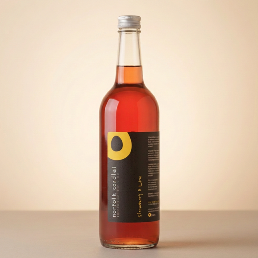 Norfolk Cordial Strawberry & Lime 750ml bottle on a warm neutral background