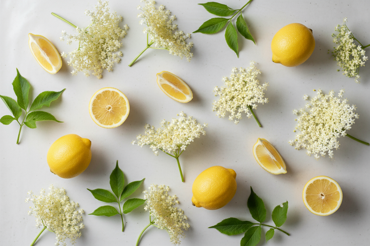 photo from above looking at a stylish scattered arrangement of fresh elderflowers (some with green foliage still attached) and fresh lemons (both wedges and whole lemons) on a white slightly textured surface