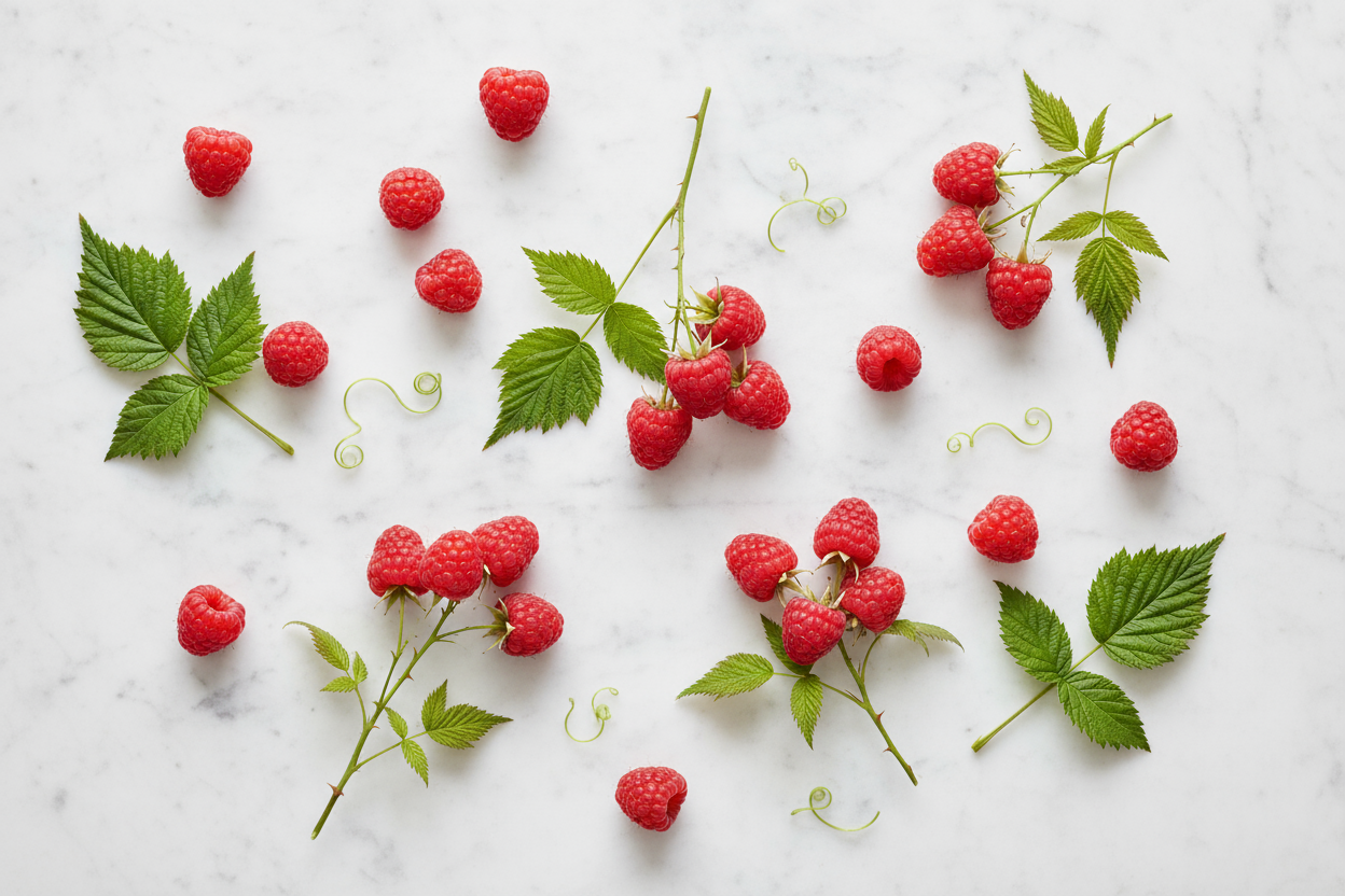 photo from above looking down on a stylish display of fresh raspberries some attached to raspberry plant stems and leaves