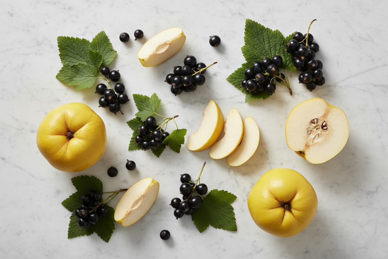 photo from above of a stylish scattered arrangement of fresh blackcurrants (including sprigs of fruit still on the stems with foliage), and fresh quinces (both whole fruits and slices) on a white marble background