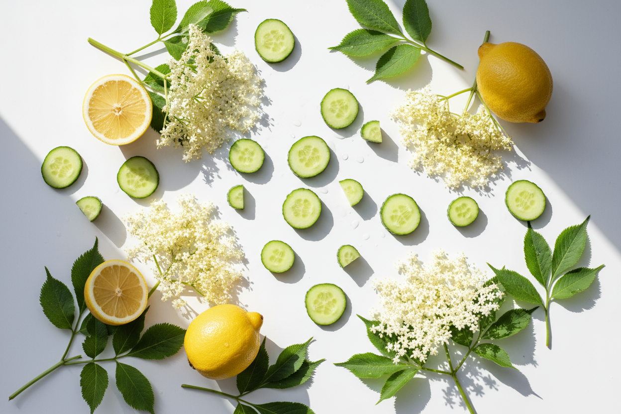 photo from above of a stylish scattered arrangement of fresh lemons, fresh elderflowers (with some elderflower foliage too) and fresh cucumbers slices and chunks