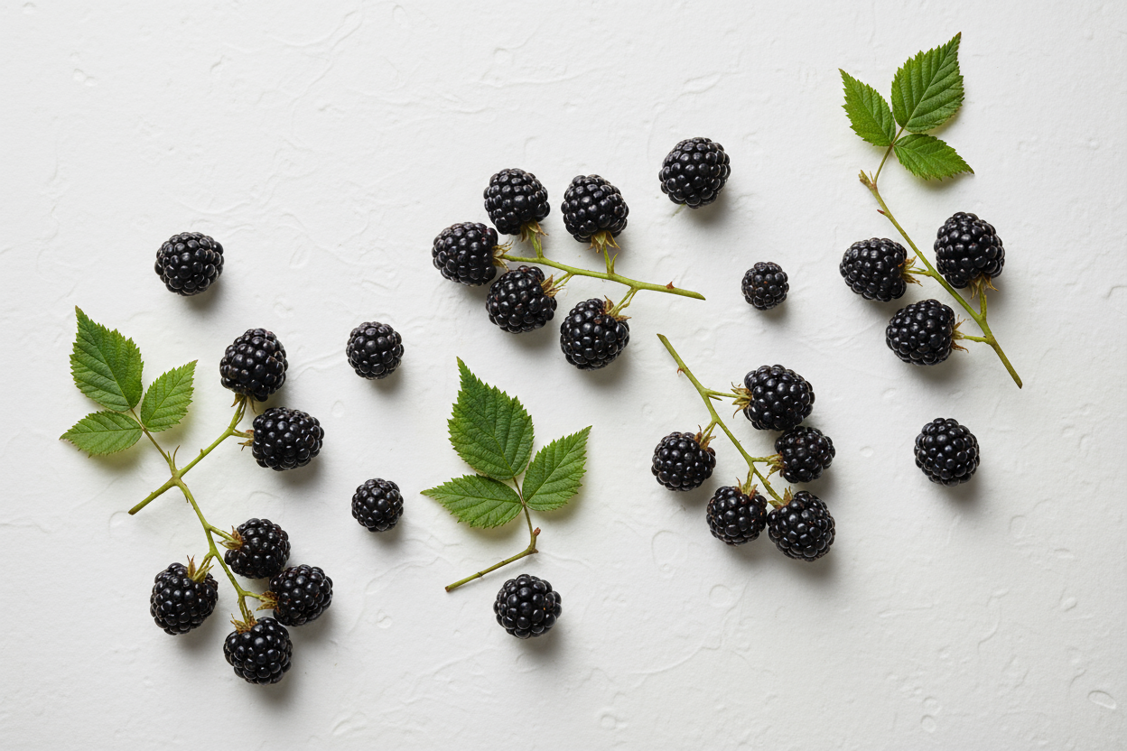 photo from above of a stylish scattering of fresh blackberries (some still attached to stem and foliage) on a white, slightly textured surface