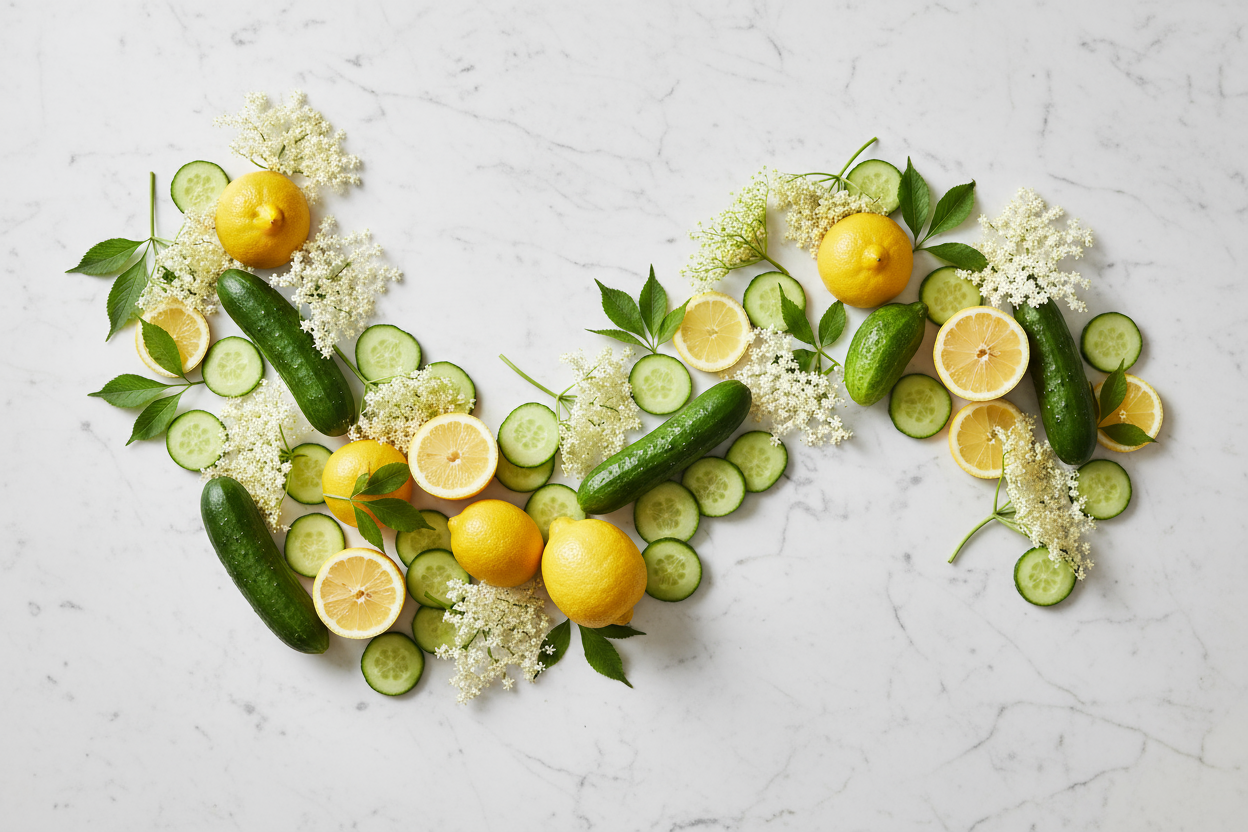 please rearrange the fruits and flowers into more of a stylish tapestry rather than in a rectangle