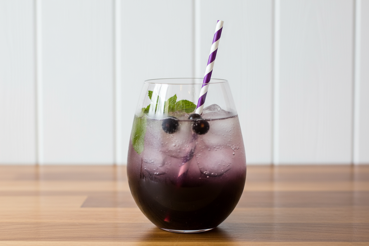 stylish photoshoot of a chilled sparkling syrup based drink (with the blackcurrant syrup sitting mainly in the bottom of the glass waiting to be stirred) in a nice balloon wine glass with ice, fresh blackcurrants and mint leaves as a garnish, a straight paper straw coloured in dark purple and white stripes sitting on a stylish wooden worktop, white wooden panelled wall behind