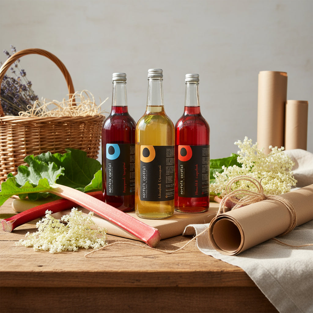 Three bottles of cordial in different colors (red, white, and rose) with labels indicating their flavor.