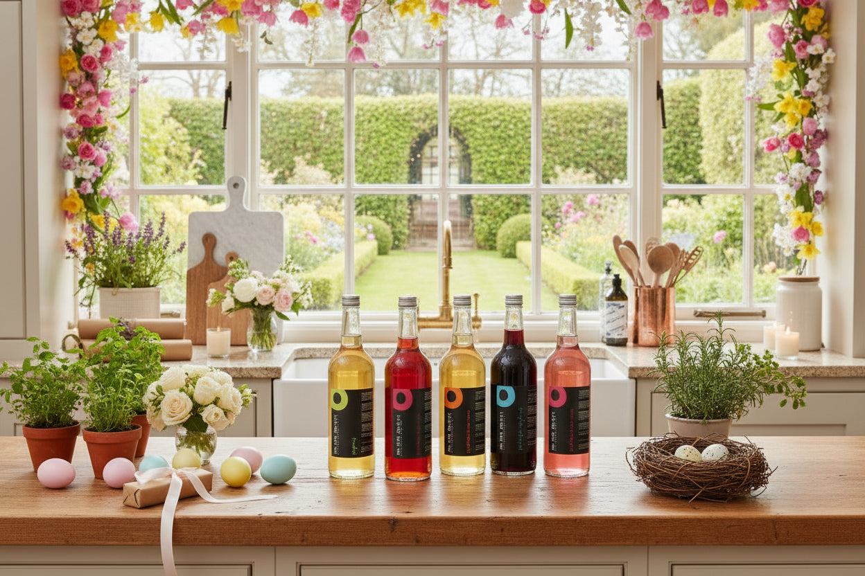 Bottles of different colored drinks on a kitchen counter with a garden view.